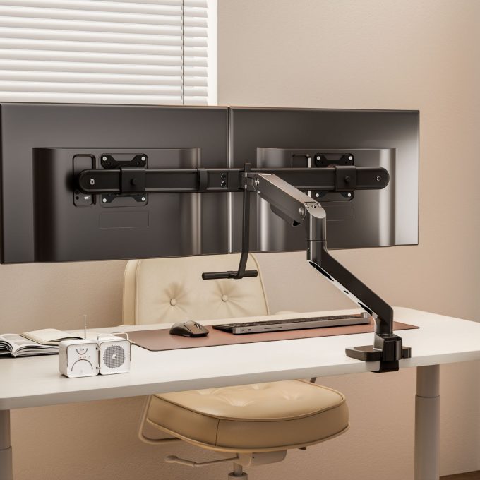 Dual crossbar monitor arms, ergonomic furniture